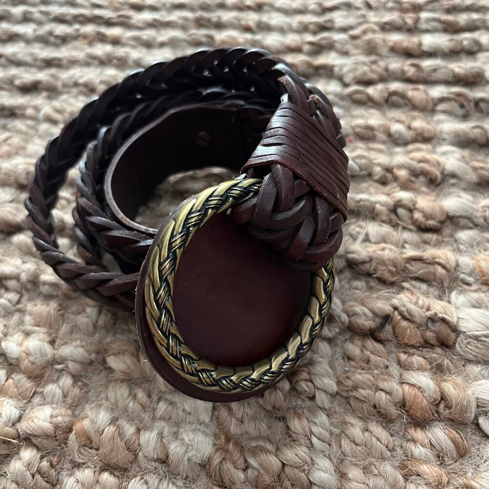 Lauren Ralph Lauren Women's M Brown Double Braided Leather Belt Brass Buckle